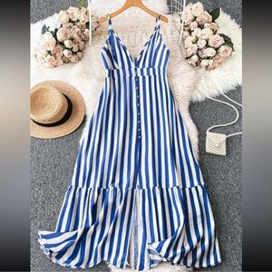 SHEIN Blue and White Ruffled Tiered Maxi Sundress